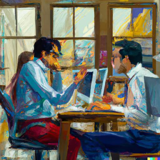 Oil painting of designers and developers working together on laptops and drawings
