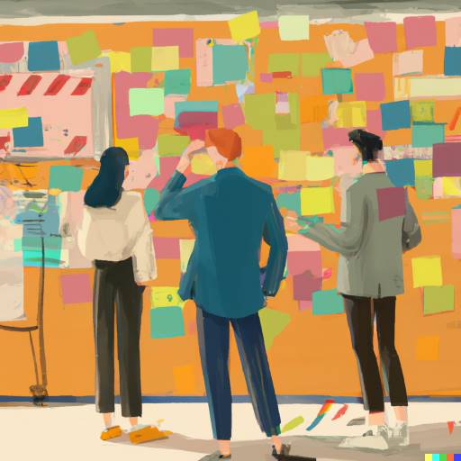 Oil painting of designers working on planning something with sticky notes on the wall