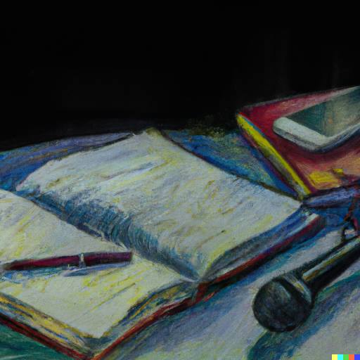 Oil painting of an open book, next to it a microphone and a pen with a notebook
